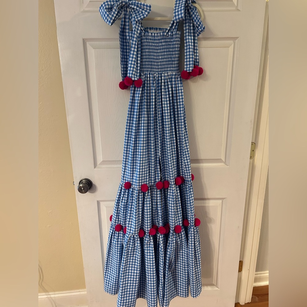 Blue Gingham Dress with pink Pom poms